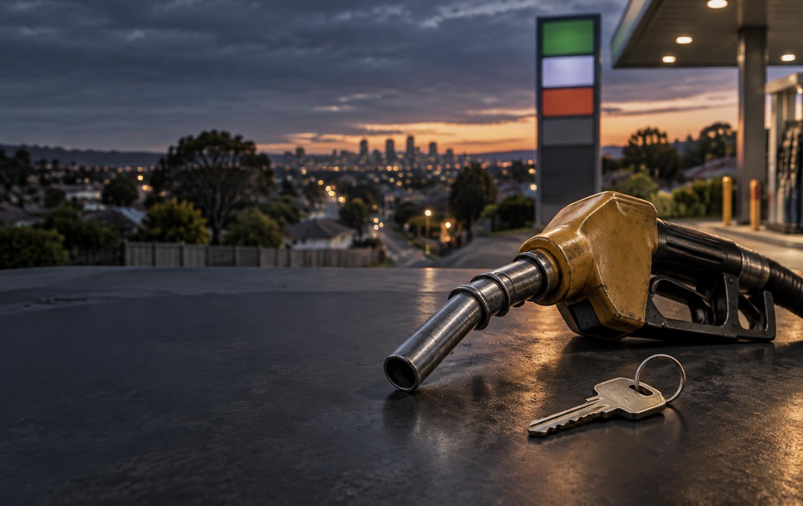 Diesel nozzle and house keys overlooking an Australian street