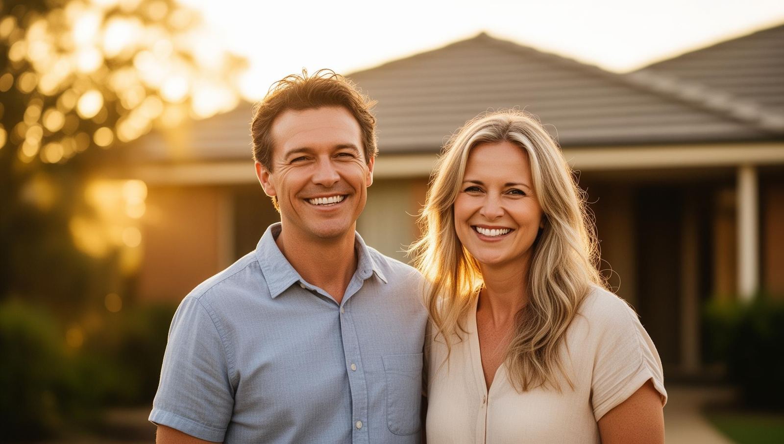 Happy couple outside their new home